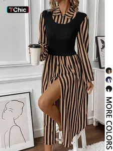 Women's Long Sleeve Striped Button Front Shirt Dress with Layered Design, Fitted, Casual Spring & Fall Fashion, Elegant Chic Outfit, Casual Elegance Chic, Casual Classy Dress