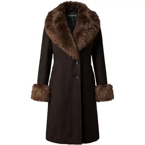 Women’s Elegant Dark Brown Wool Coat with Fur Shawl Collar
