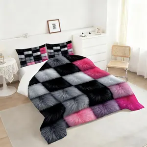 2/3Pcs Vibrant Luxe Faux Fur Chessboard Comforter Set, Chessboard Bedding Set with Colorful Checkered Design, Soft and Cozy for Bedroom Décor, Perfect for Stylish Home Aesthetics and Ultimate Comfort. 1 or 2 Pillowcase No Pillow Core