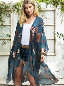 Women's Floral Print Batwing Sleeve Cover Up Top, Boho Casual Sheer Split Hem  Cover Up for Beach Holiday Vacation, Ladies Summer Clothes