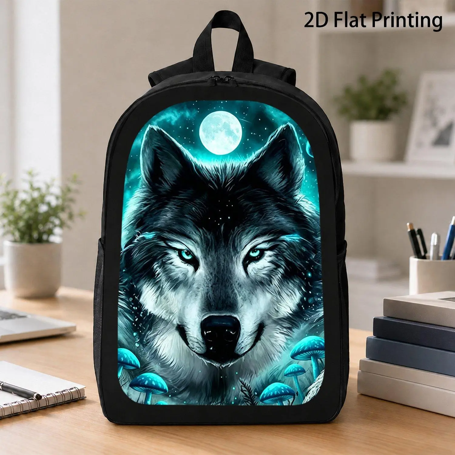 1pc Backpack, Casual Bag with Wolf And Night Sky Blue Mushroom Design, Suitable for Commuting And Outdoor Travel, Large Capacity, 2D Flat Printing, for Teenager, For Teenager