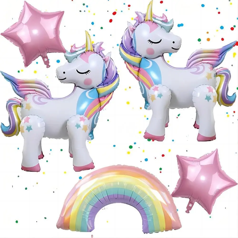 5 count Self Standing Unicorn Balloons - 3D Rainbow and  Foil Balloons for Birthday Party Decorations and Supplies