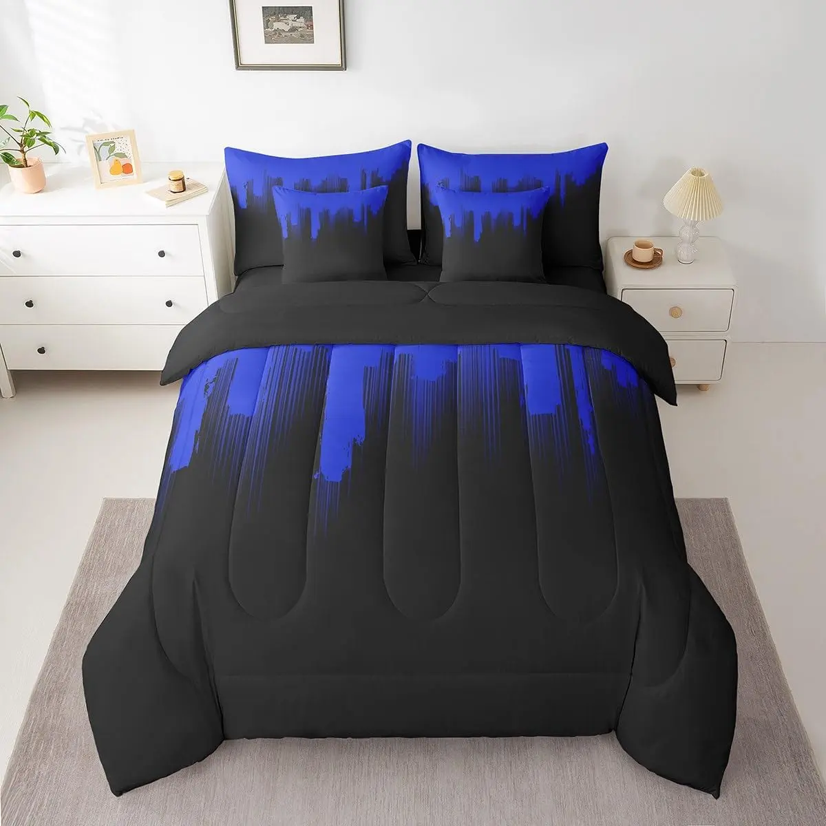 Feelyou 7-Piece Deep Blue Black Comforter Set - Contemporary Modern Art Geometric Bedding Quilt, Soft Breathable Luxury Microfiber Comfy Bedding Set, Machine Washable Multi-Size Collection, Bed Comforter Set