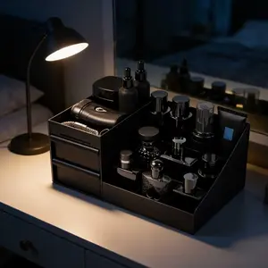 Black desktop organizer box with a layered and partitioned structure, suitable for living rooms and bedrooms, enabling one-stop storage for men's skincare products, shaving items, and small tools.