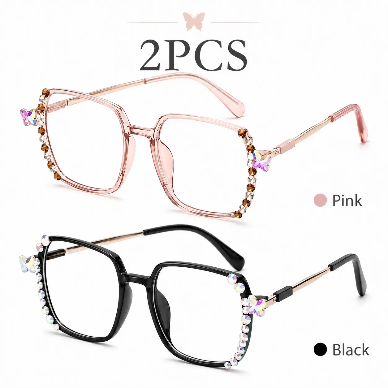 Elegant Rhinestone Embellished Women' Reading Glasses, Rectangle Frame with PC Lenses, Fashionable Lightweight Plastic Eyewear with Hinge, Buy 1 Get 1 Free Offer