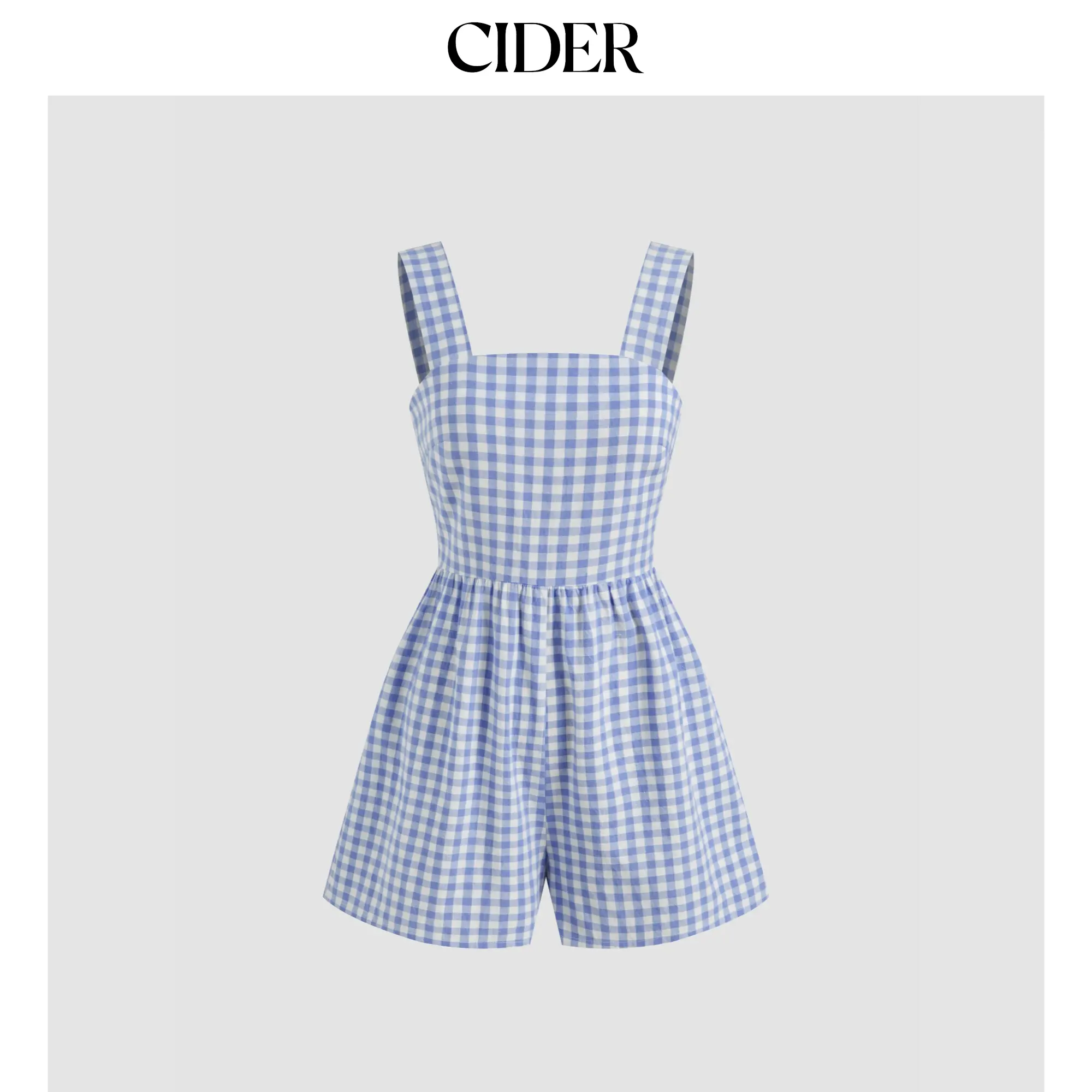 Cider Women's Gingham Cotton Short Romper Set - L-8, Casual Fitted Cut, Square Neck, Puff Sleeves, Bowknot Detail, Women's Casual Overalls