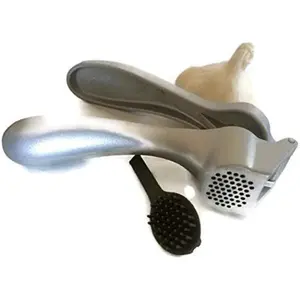 Pampered Chef Garlic Press  – Easy Squeeze, Rust-Proof, Ergonomic Handle – Professional Garlic & Ginger Mincer with Cleaning Brush