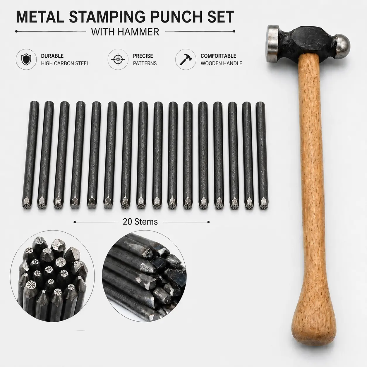 20PCS Metal Stamp Punch Set with Hammer for Jewelry Crafting, Leathercraft, and DIY Hobby Projects