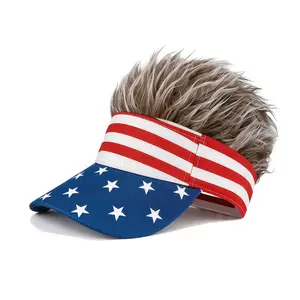 Visor Hats - USA Flag Cotton Sun Cap with Spiked Fake Hair Wig - for 4th of July Parade, Backyard BBQ & Beach Party - Funny Patriotic Gag Gift for Men, Adults & Friends