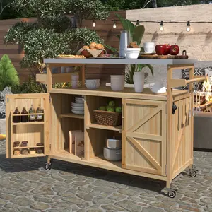 Portable Outdoor Kitchen Island on Wheels, Farmhouse Solid Wood BBQ Grill Table with Stainless Steel Top, Rolling Bar Cart with Storage Cabinet, Spice Rack & Towel Rack, Multi-Functional Patio Cart for Garden, Backyard, Poolside, BBQ Parties