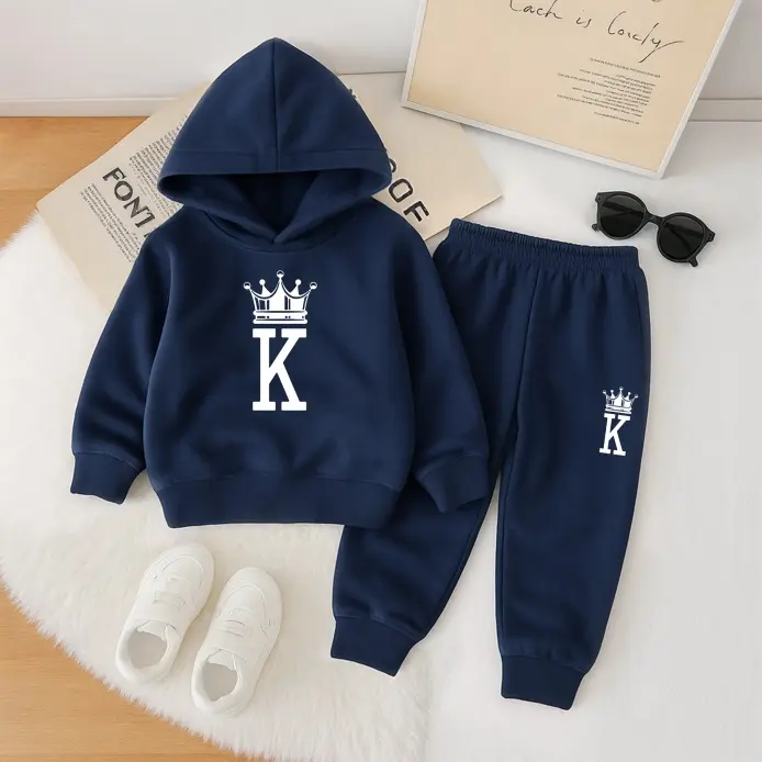 Kids' 2-Piece Tracksuit Set, Unisex King Print Fleece-Lined Hoodie and Joggers, Fitted Athleisure Wear for Fall-Winter Casual Use, Athleisure Wear Set, Long Sleeve, Sporty Chic, Playful Look, Thick Fleece, Fluffy Warmth, Kids Clothing Girls, Matchy Tapere
