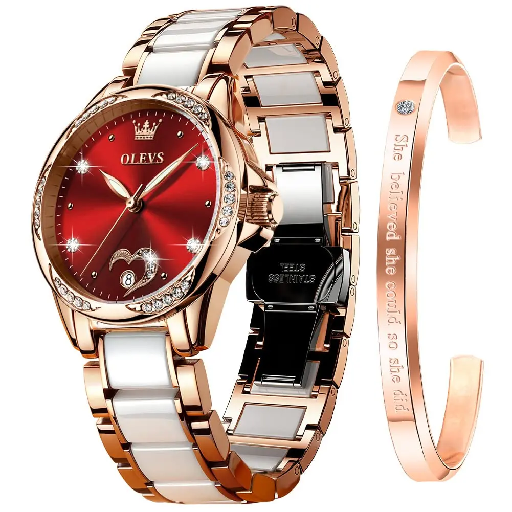 OLEVS Automatic Watch Set for Women with Gift Box Self Winding Ladies Diamond Wrist Watch with Bracelet Luxury Dress Rose Gold Ceramic Watch for Women Love Heart Date 6631