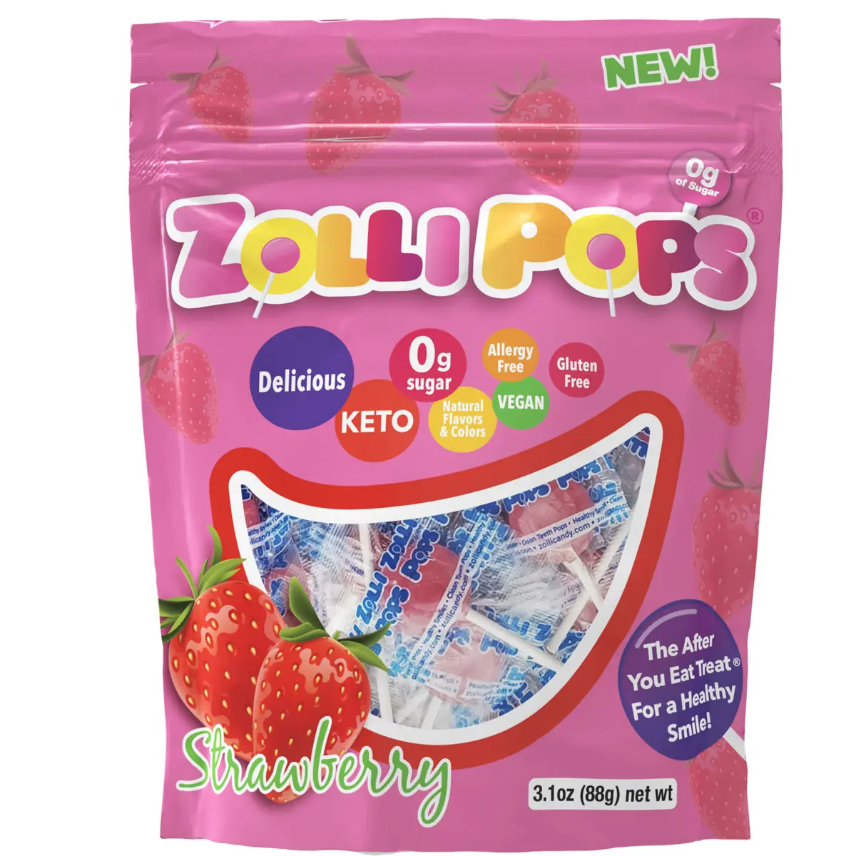 Zollipops Strawberry 3.1oz Pouch Delicious, Zero Sugar, KETO, Gluten Free, Vegan, Allergy Friendly, No Artificial Dyes, Kosher Candy Snack Sweet