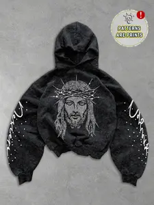 Men's Fall Hooded Sweatshirt with Trendy Bulging Jesus Print Design, Fashionable Streetwear for Casual Daily Wear, Perfect Gift for Trendsetters