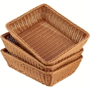 [Handmade | Rectangular] 3Pcs Handmade Rectangular Bread Basket | Fruit Serving Trays for Vegetables, Snacks & Crafts Storage | Brown Display Storage Organiser Basket