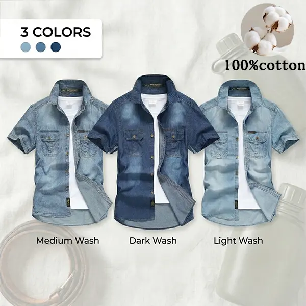 Men’s American Vintage denim shirt, short sleeves, retro washed jean button-down shirt with pockets, casual workwear top
