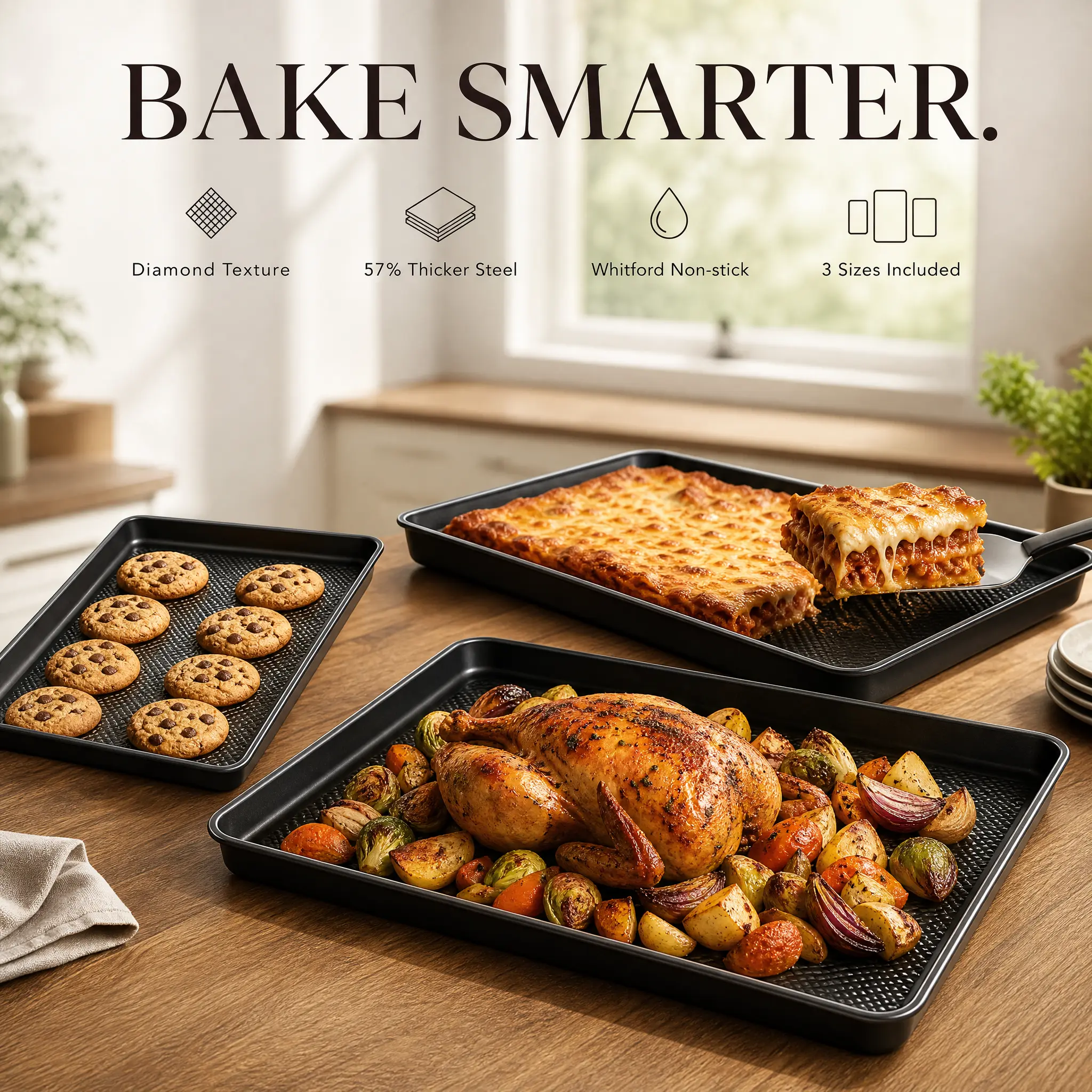 Non-stick Baking Pan Set, Teflon-Free Heavy Duty Bakeware of 3, Diamond-Texture Baking Sheet Pan, Cookie Sheets for Oven, Baker, Kitchenware Cooking, Kitchen Supplies, Gift
