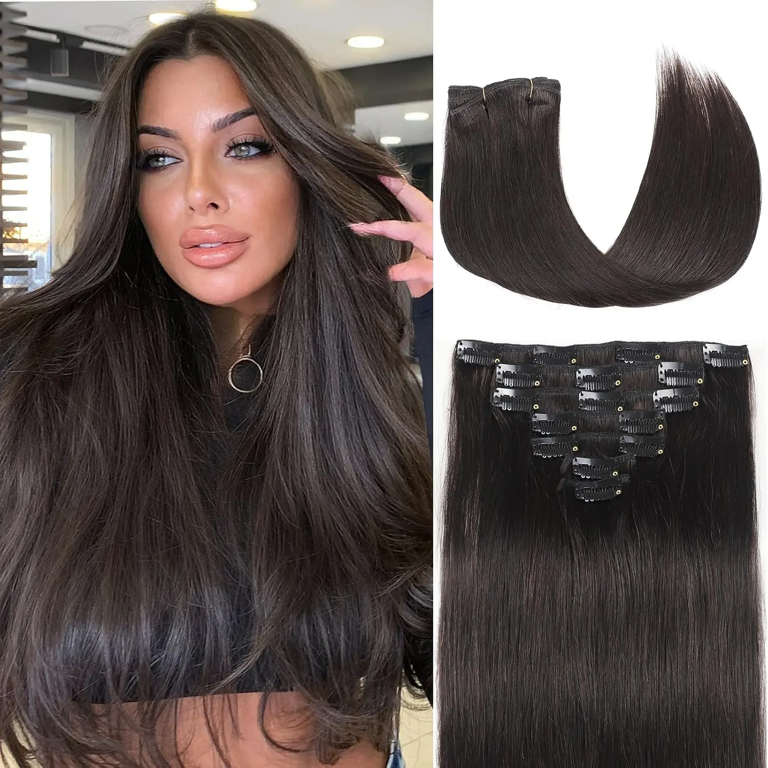 Summervibes Straight Hair Extensions 6PCS Clip in Hair Extensions 24" Long Straight Hair Extensions Natural Soft Synthetic Hairpieces for Women – Black Brown