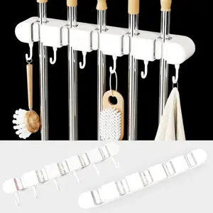 5 Racks 6 Hooks Mop Holder Broom Holders Wall Mount Shelf Adhesive Heavy Duty Organizer for Home Kitchen Laundry Garage Hangable