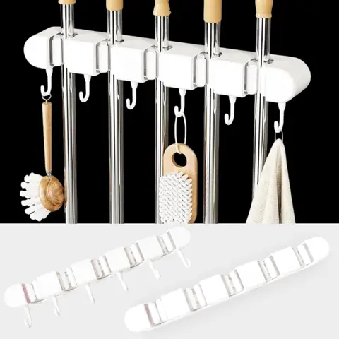 Heavy-Duty ABS Wall Mount Mop and Broom Holder - 5 Racks, 6 Hook Tool Slots, Adhesive Backing Shelf, Quick Stick-On Installation, Home Organizer for Bathroom Organizing, Cleaning Tools, Laundry Storage