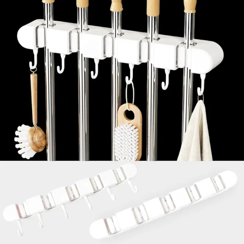 Heavy-Duty ABS Wall Mount Mop and Broom Holder - 5 Racks, 6 Hook Tool Slots, Adhesive Backing Shelf, Quick Stick-On Installation, Home Organizer for Bathroom Organizing, Cleaning Tools, Laundry Storage