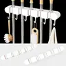 Heavy-Duty ABS Wall Mount Mop and Broom Holder - 5 Racks, 6 Hook Tool Slots, Adhesive Backing Shelf, Quick Stick-On Installation, Home Organizer for Bathroom Organizing, Cleaning Tools, Laundry Storage
