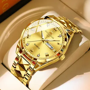 Men's Luxury Gold Tone Quartz golden Watch - Stainless Steel Wristwatch with Day & Date Calendar, Crystal Diamond Accents, Roman Numerals, Elegant Business Dress Watch, Perfect Gift for Husband Dad