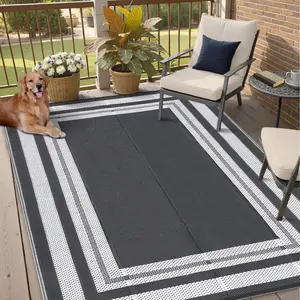 GARVEE 8x10 Outdoor Rug Waterproof & Reversible – Heavy Duty Plastic Straw Area Rug for Patio, RV, Camping, Deck, Balcony, Picnic, Beach – Weather Resistant, Easy Clean, Non-Slip Backing – Border Grey/White