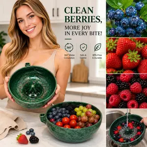 Self-Rotating Berry Washing Bowl with Drain Hole, Self Spinning Berry Washing Bowl, 360 Degree Cleaning Fruit Swirl Colander Center Cone, Automatic Quick Kitchen Rinse washer for Berries Vegetables Serving, kitchen accessories