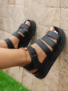 Women's Fashion Solid Color Buckle Thick Sole PU Leather Sandals, Summer Casual Multi-Functional Breathable Comfortable Daily Wear Shoes