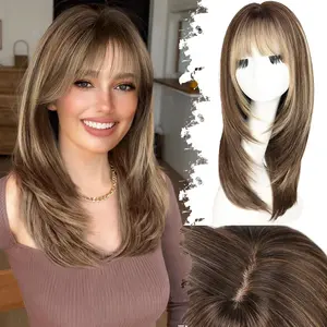 [AISI HAIR] Wig with Bangs for Women Brown Blonde Highlight Straight Face-Framing Layers Hairstyle 4x4 Realistic Scalp Glueless Synthetic Wigs Medium Length for Everyday Use 20 Inch