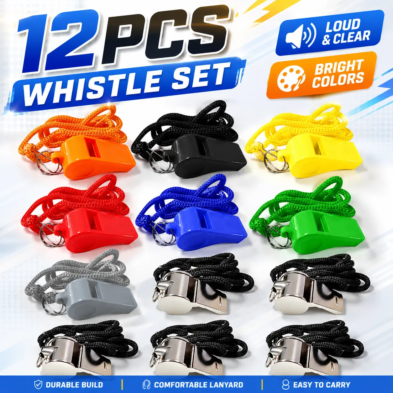 12 Pack Sports Whistles with Lanyards – Loud Clear Sound Coach Referee Whistle, Durable Plastic Outdoor Emergency Signaling with Black Neck Strap