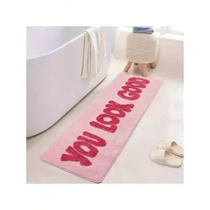 1pc Minimalist Solid Pink Faux Wool Letter Print Doormat, Soft Non-Slip Absorbent Washable Kitchen, Anti-Fatigue-Resistant Rectangular Flannel Material, Suitable Living Room, Bedroom, Kitchen, Laundry Room rug