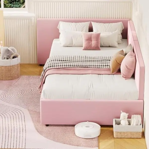 GAOMON Twin Daybed with Headboard, Corner Bed Frame with Bed Rails, Velvet Upholstered Sofa Bed with Guardrail for Bedroom, Guest Room,Adjustable Installation, Pink