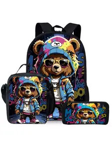 Three piece set of teddy bear printed backpack with cute hat, including lunch bag and pencil case, Graffiti Backpack