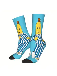 BIIHUDU Vintage Cartoon Banana Character Socks - Full-Body Print, Striped Clothing Design, Breathable Polyester, Hand Wash/Dr
