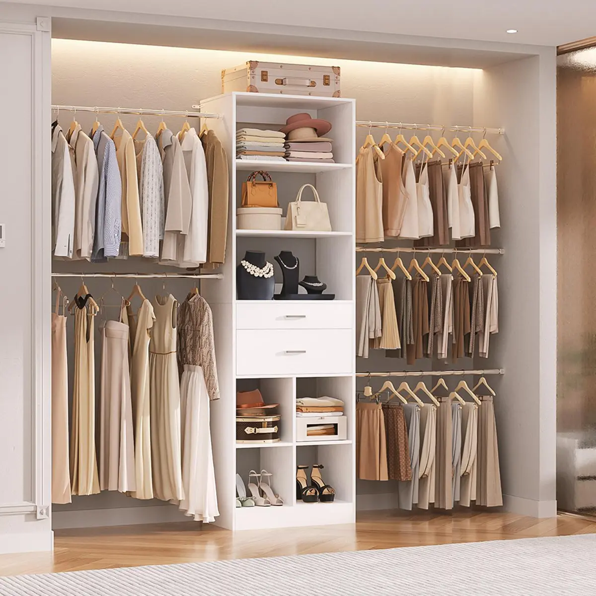4-8 FT Expandable Closet System for Reach-In Closet, Morden Custom Walk-in Closet Organizer with 2 Wooden Drawers and 5 Adjustable Hanging Rods for Closet Nook / Built-in Closet Space,16" Depth Closet Wardrobe Tower with Adjustable Storage Shelves