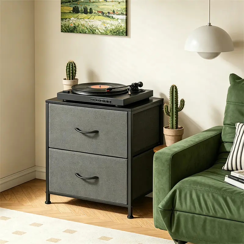 Small Fabric Dresser Nightstand with 2 Drawers, Bedroom Furniture for Home Decor, Room Accessories, Household Items, Apartment Furniture, Gifts for the Bedroom Grey