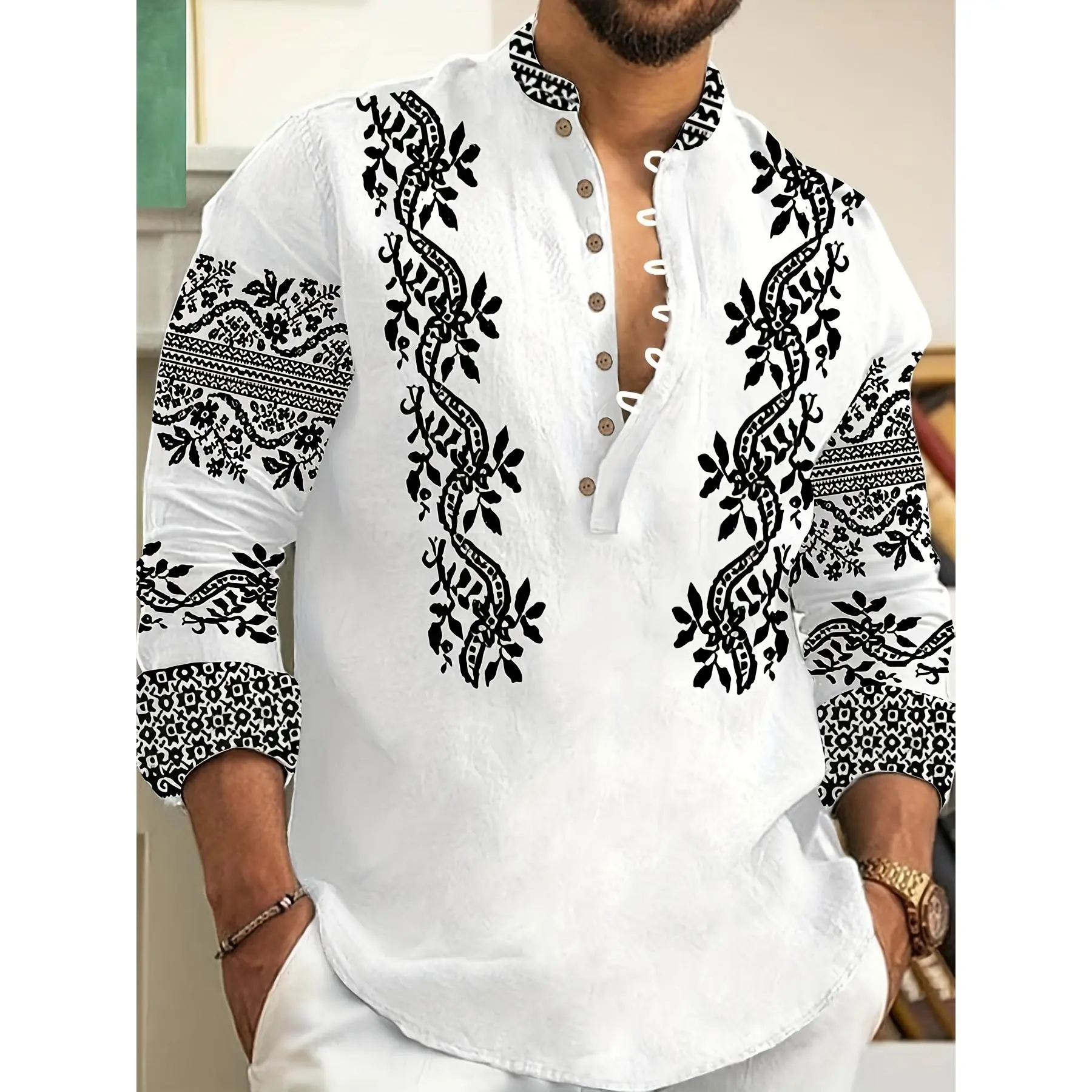 Menswear Collared Longsleeves Top - Men's Regular Fit Button-Up Woven Polyester Shirt, Basic Striped Print Casual Long Sleeve Shirt, Fabric, Simple