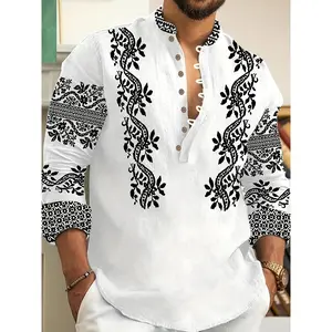 Men'S Fashion Striped Patterned Long Sleeve Shirt, 100% Polyester, Stand Collar, Button-Up, Regular Fit, Woven Fabric, 120g/m², for Spring/Fall, Casual Weekend Wear