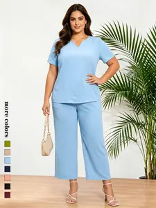 Elegant Plus Size Women's Two-Piece Set, Womenswear, Solid Color Short Sleeve Fashion Shirt Top and Casual Wide Leg Long Pants, Stylish Outfit