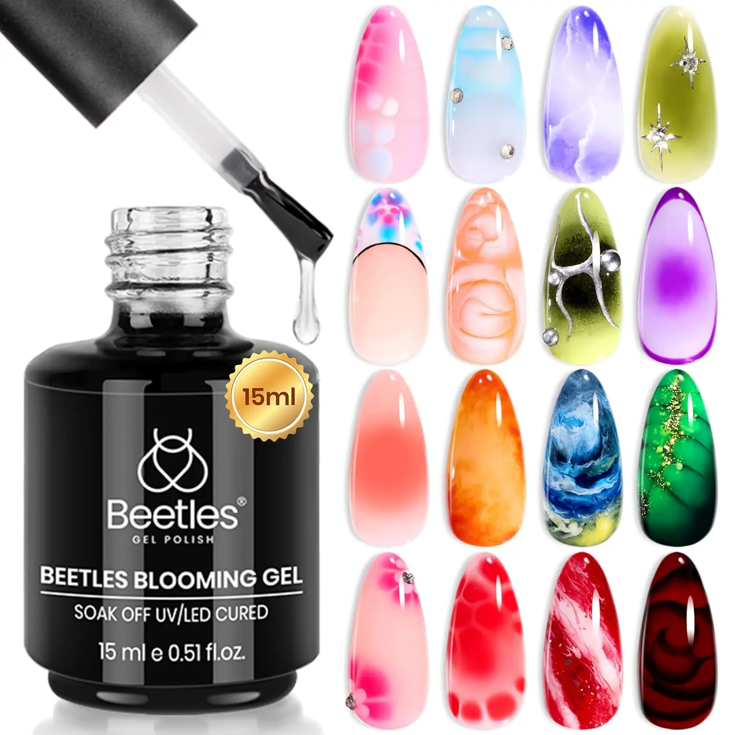 Beetles Nail Blooming Gel 15ml Clear Uv Led Blossom Gel Polish for Spreading Effect Marble Natural Stone Watercolor Floral Print Soak off Nail Gel Diy Nail Art Design Manicure Gift for Women