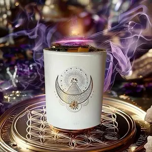 10 oz Celestial ALKMY Candle – Sacred Geometry Pyramid & Crescent Moon Ritual Decor