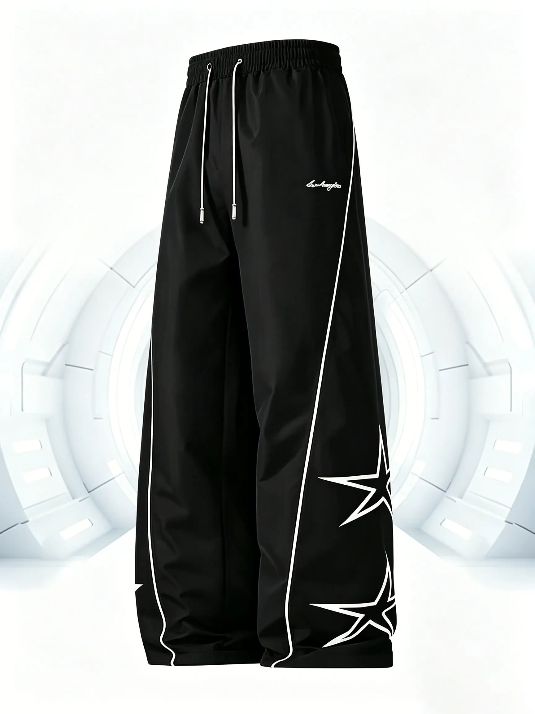 Men's Street Style Star Pattern Pants, Trending Baggy Drawstring Trousers with Pockets and Contrast Binding, Mens Clothing, Baggy Drawstring Men's Pants, Clothes, Male Clothing, Drip Clothing