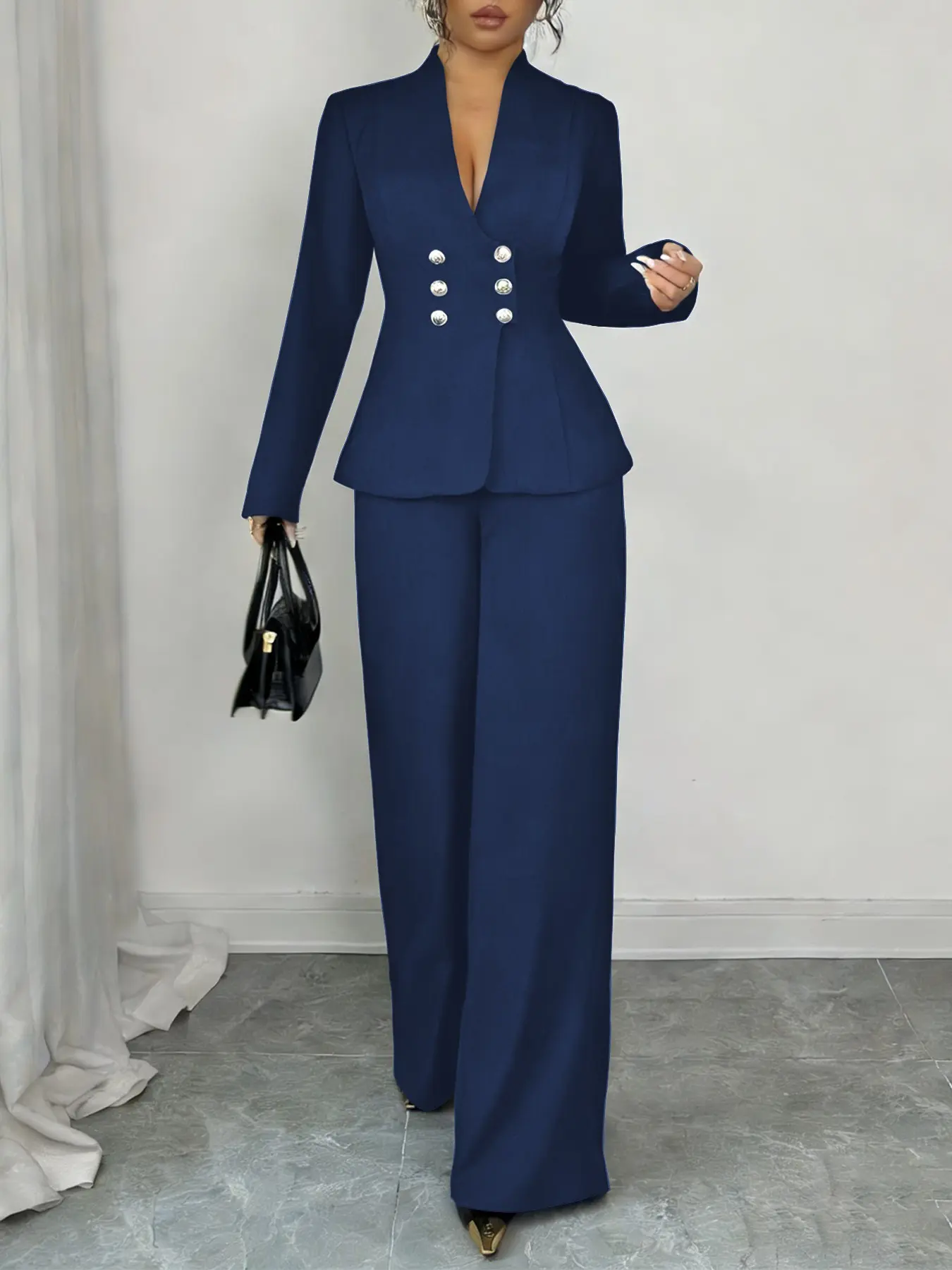 Curvy Confidence Blazer & Trouser Set, Essential Business Attire, Elegant Chic Fitted Suit, Women Suits, Matching Solid Color, All Seasons, Regular Length, Plain Surface, No Zipper