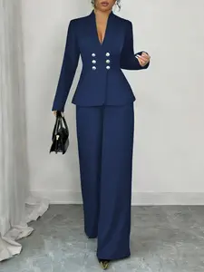 Curvy Confidence Blazer & Trouser Matching Set Stylish Elegant Fitted Women's Solid Suit, Perfect for Office Wear, Trendy Fashion, Chic, Long sleeve
