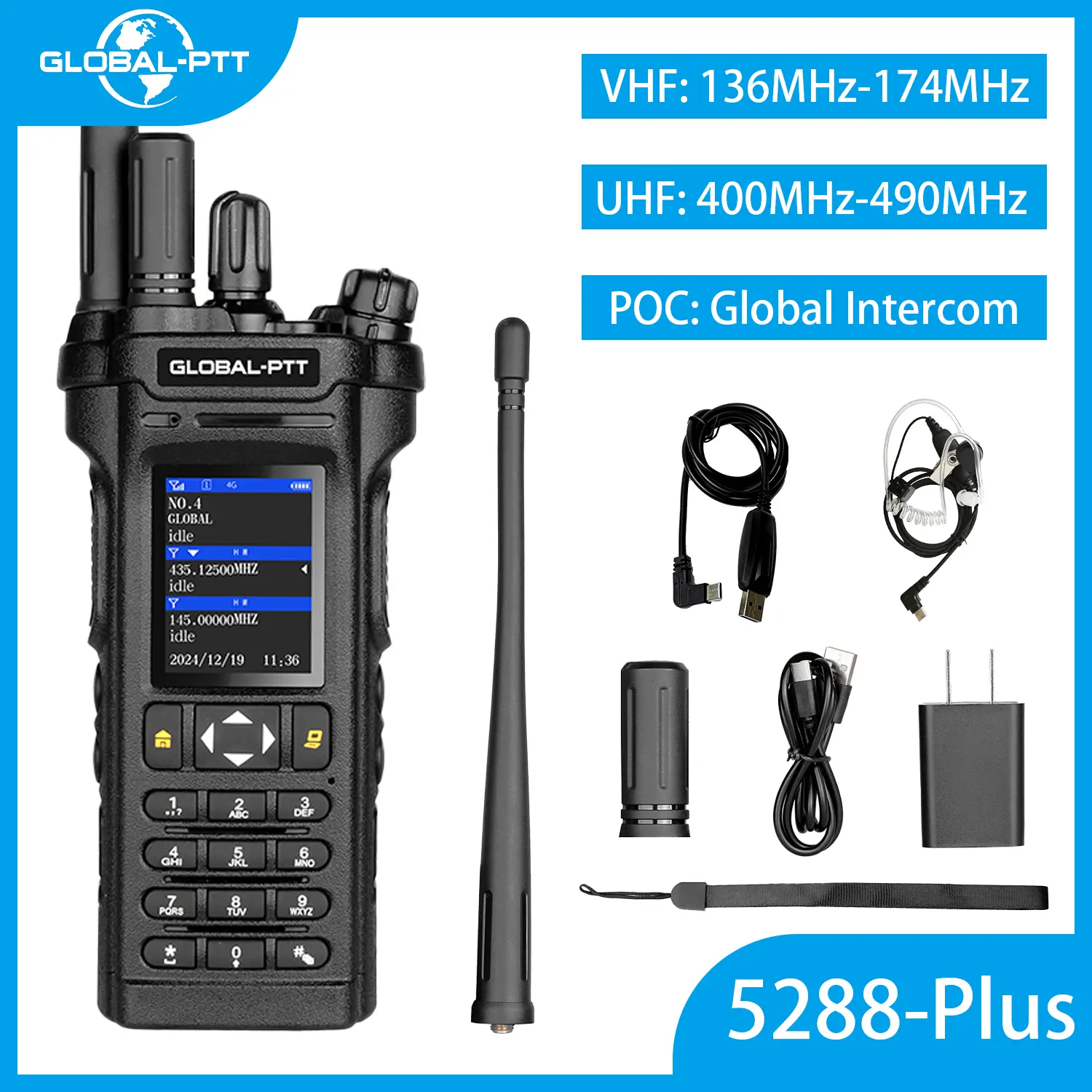 GLOBAL-PTT 5288 Plus Two-way radio 256 Channels UHF VHF Dual Band PoC 4G LTE cellular walkie-talkie with GPS SOS 10W Unlimited range Nationwide intercom