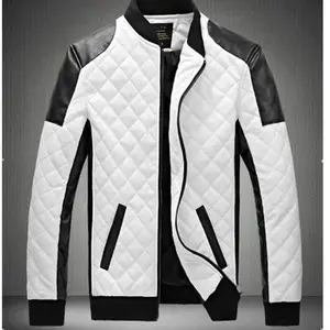 Hot Men's Stand Collar Diamond PU Leather Jacket Coat Black And White Color Matching Large Size Motorcycle Leather Jacket