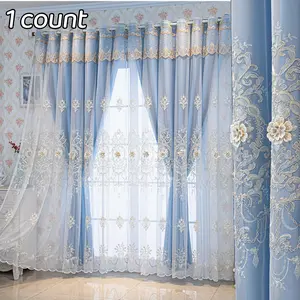Flower Embroidery Double-Layer Window Curtain, 1-Count Window Drapes for Home Living Room and Bedroom, Home Décor Curtain