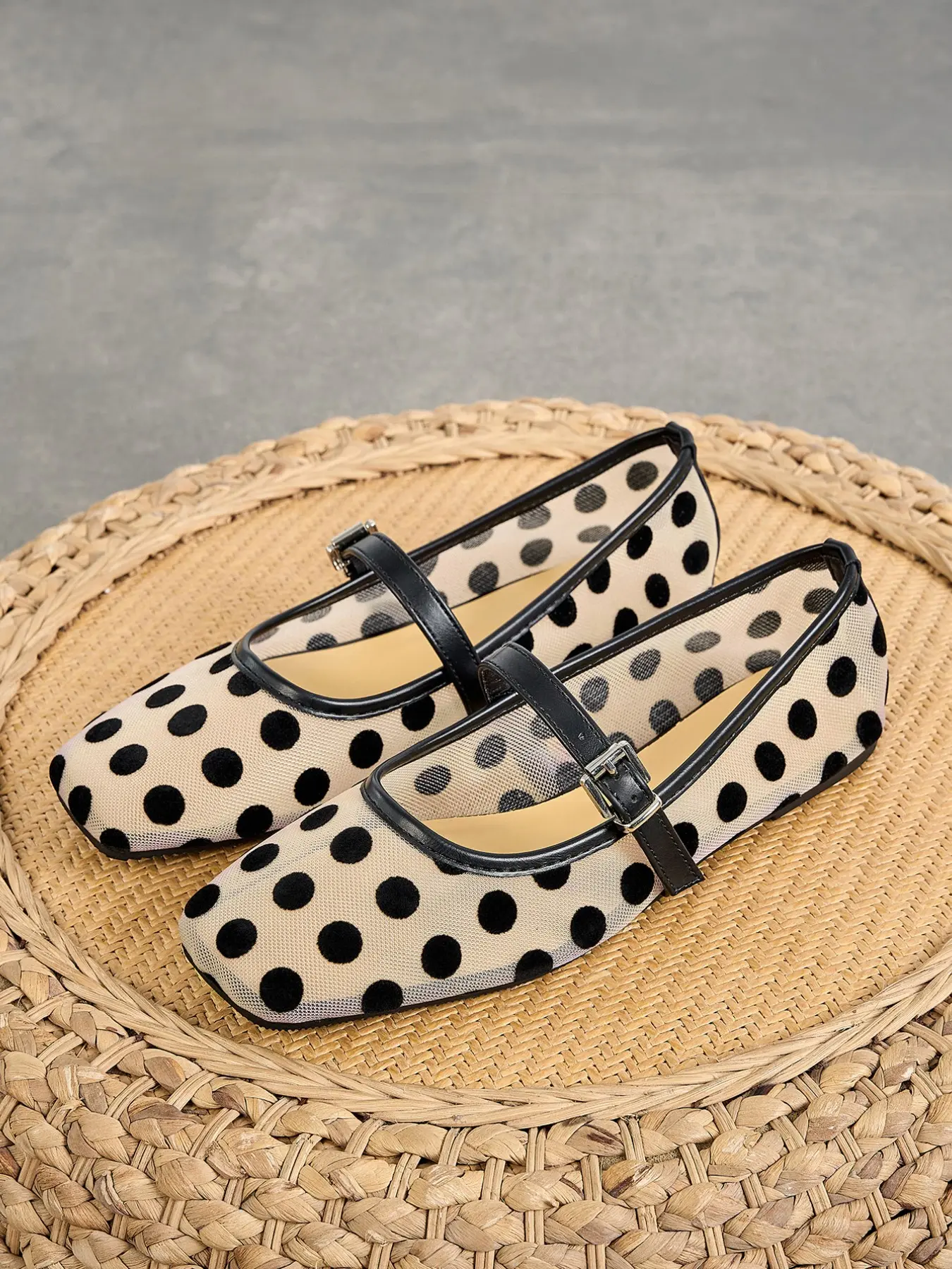 Women's Square Toe Mary Jane Shoes, Polka Dot, Summer 2026, Breathable Mesh, Low Heel, Casual Outdoor Footwear, Walking Shoes, Comfortable for Wide Feet, Fashionable Flats, Casual Flats, Casual Trendy Flat